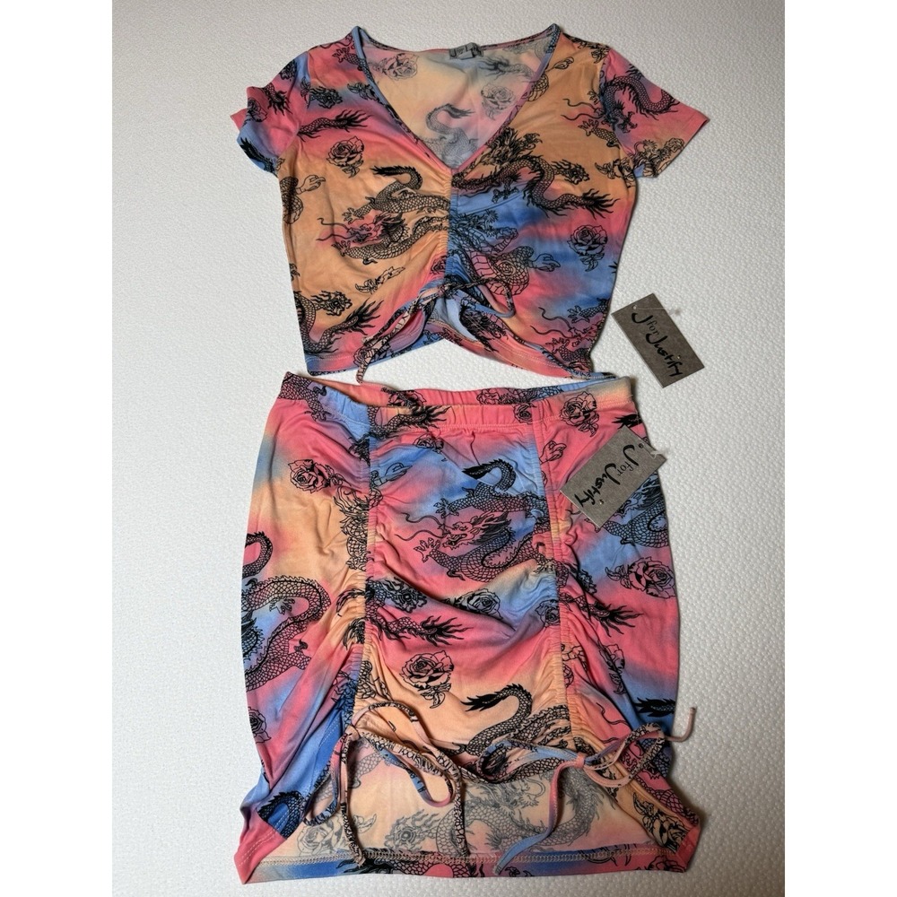 J for Justify Dragon Print 2 Piece Set Crop Top‎ Skirt Womens M NWT